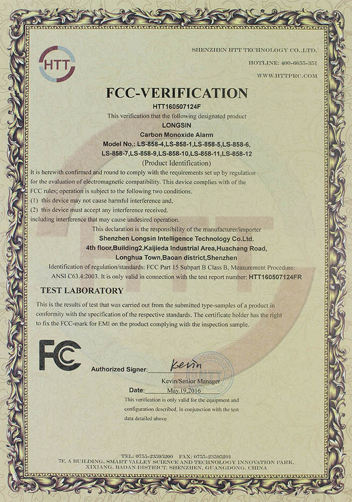 carbon monoxide alarm FCC certificate