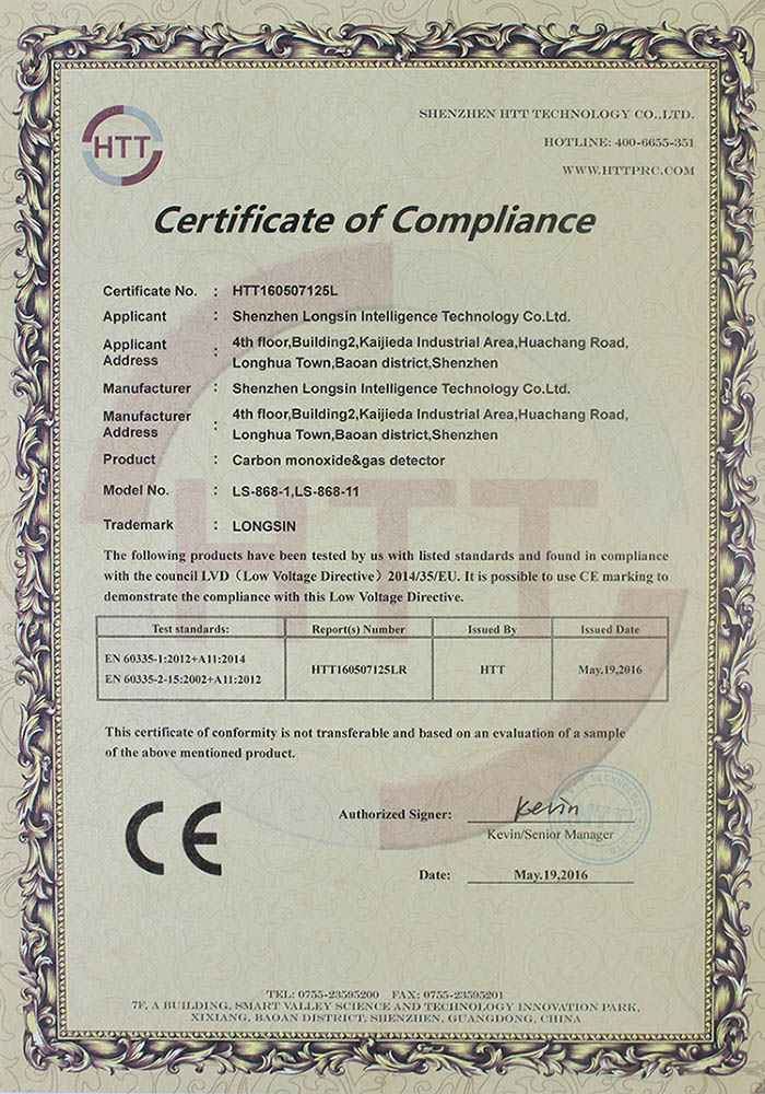 carbon monoxide & gas detector CE certificate